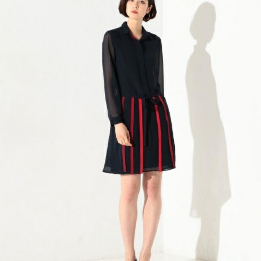 Armani Exchange Navy Shirt Dress Red Stripe Sheer Sleeve Size 2